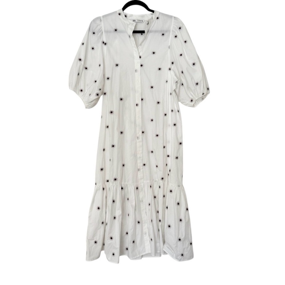 Zara White Cotton Embroidered Midi Dress with Puffed Sleeves